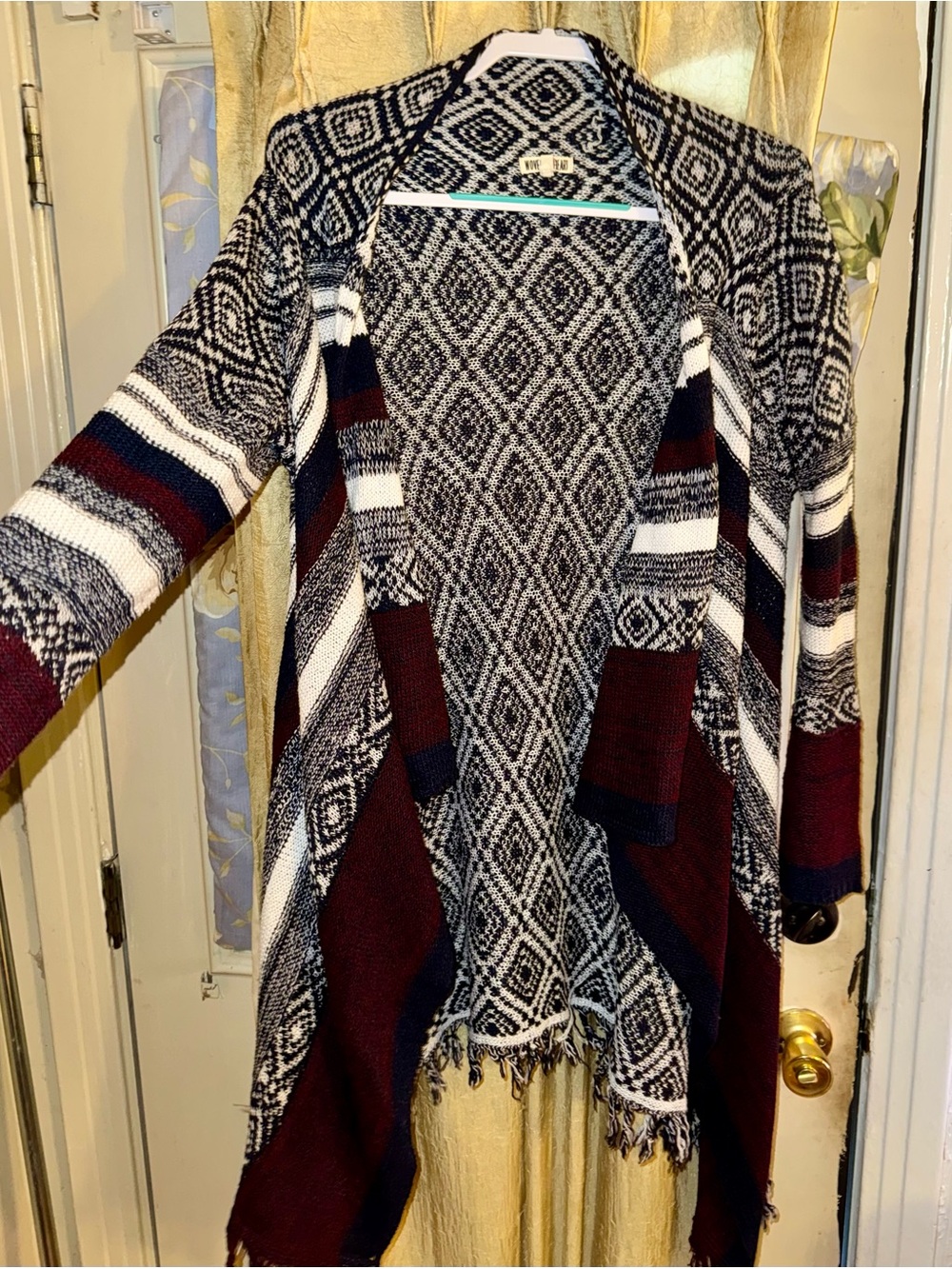 Open-Front Geometric Knit Cardigan Sweater - Black, White & Burgundy